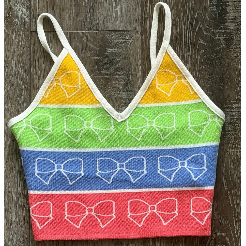 Debut Rainbow Stripe Bow Knit Cropped Tank Top S/M NWT Y2K Cottagecore